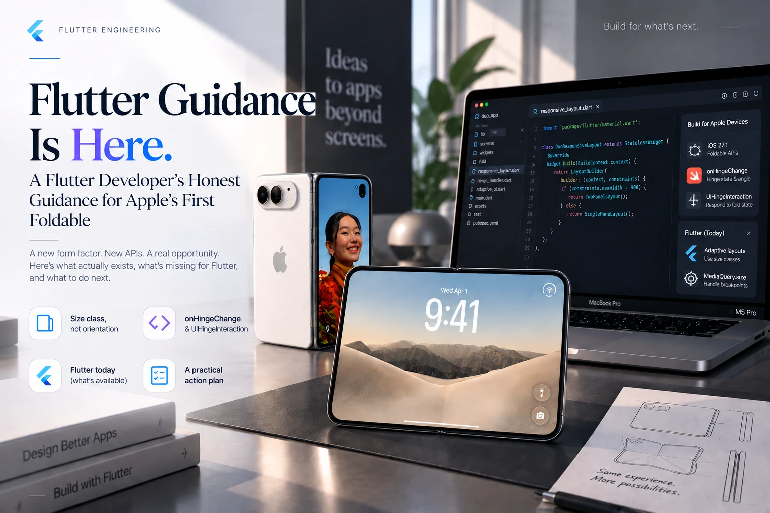 Flutter Guidance Is Here graphic: iPhone Duo folded and unfolded beside a MacBook with Flutter code and action-plan cards