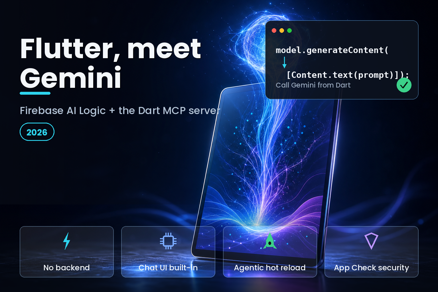 Glass tablet on a dark studio surface with glowing neural filaments flowing into its screen