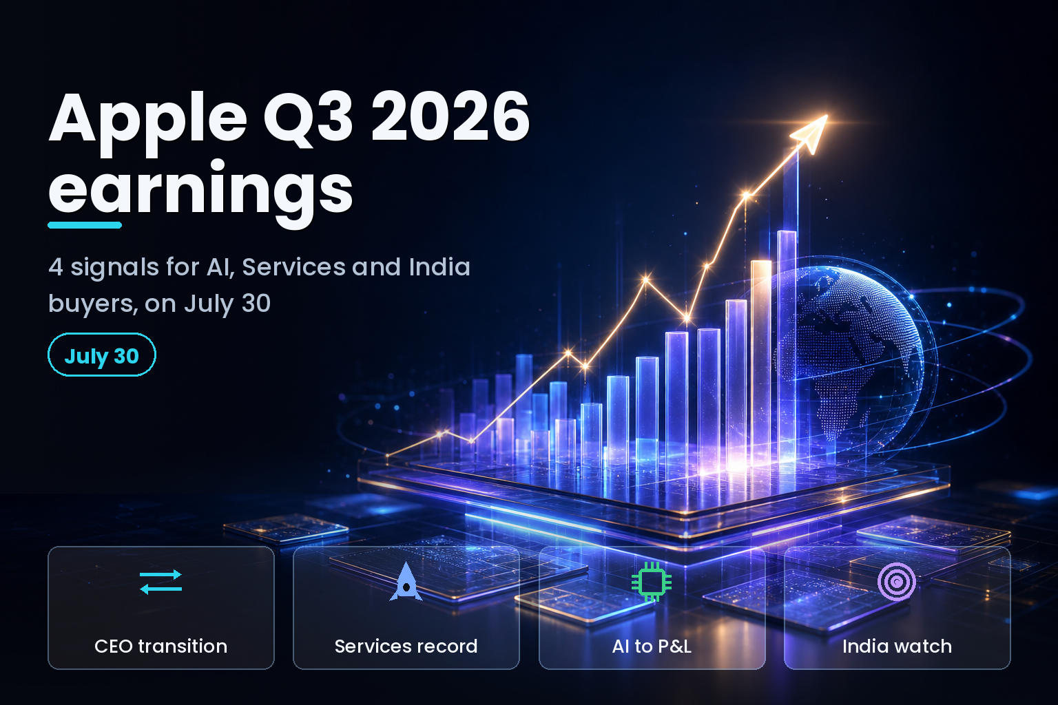 Glowing upward financial chart with abstract service and globe icons on dark