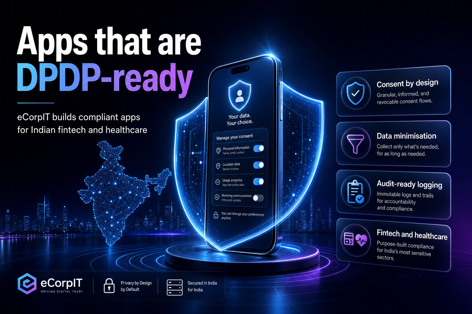 Glowing smartphone wrapped in a data shield with consent icons over India map