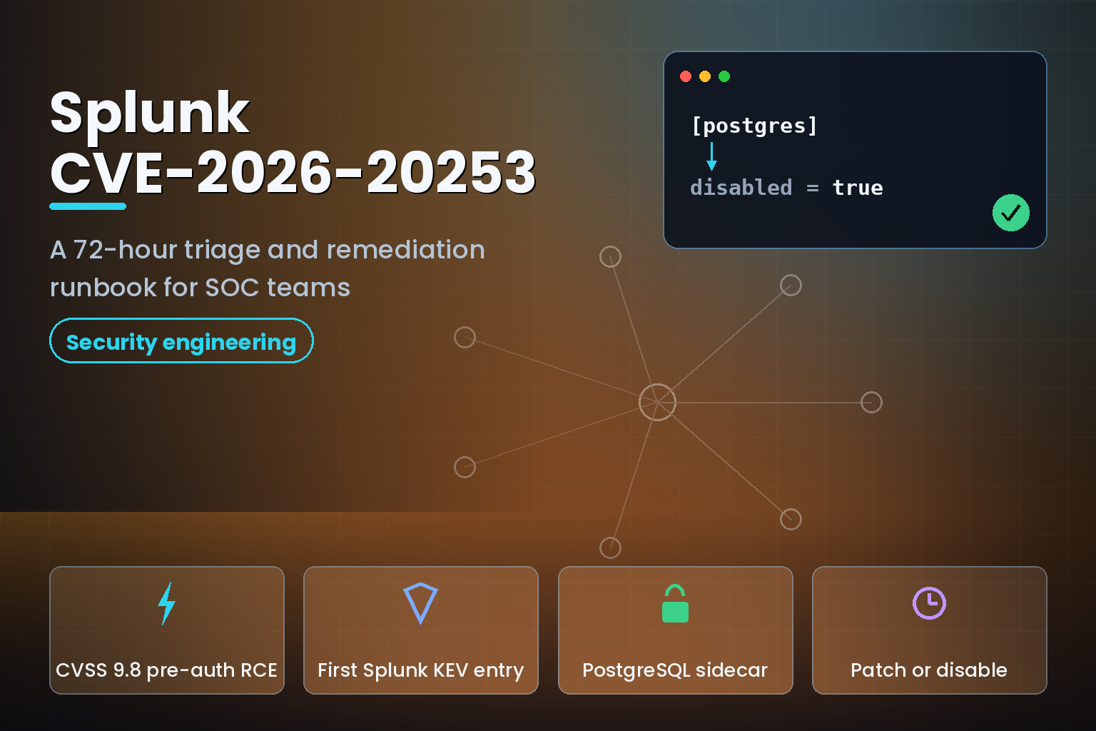 Splunk CVE-2026-20253 remediation runbook showing the PostgreSQL sidecar disable workaround