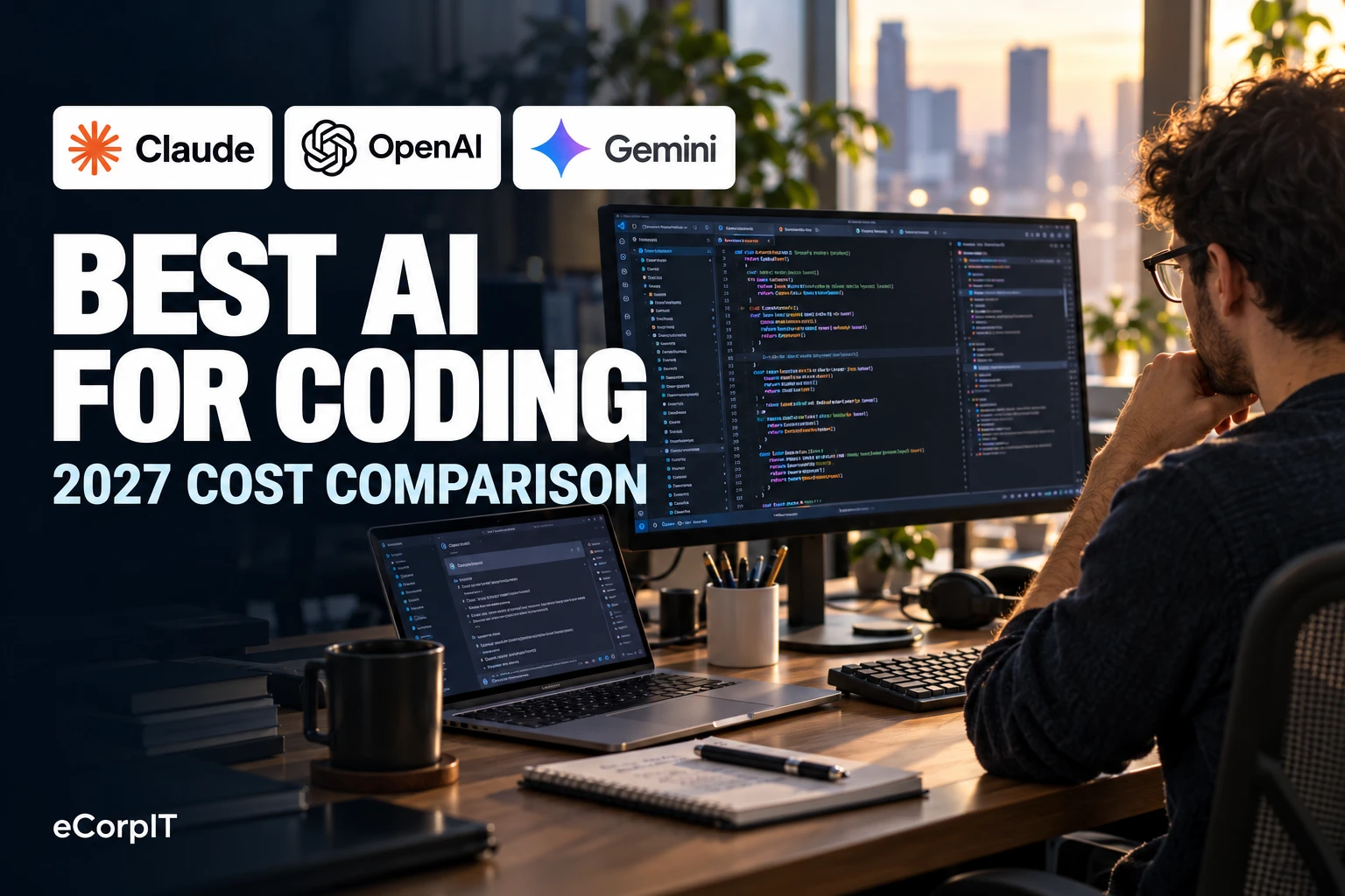 Developer in glasses studies code on a large monitor at sunset beside a laptop, with Claude, OpenAI and Gemini logos