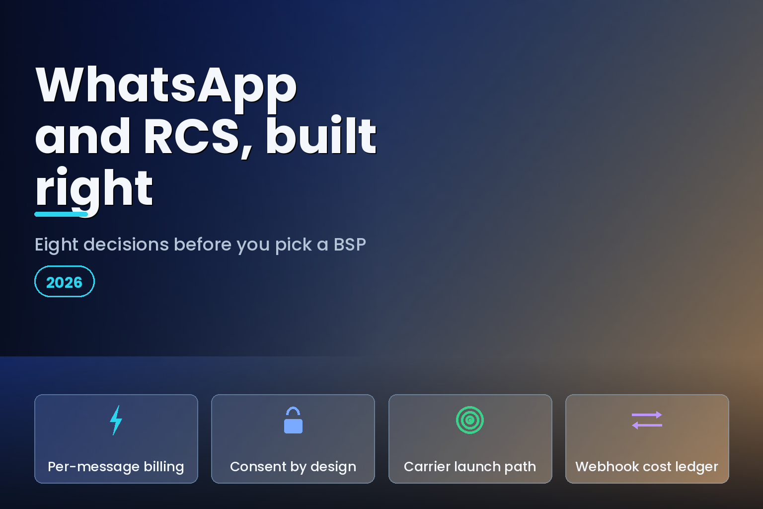 Title card reading WhatsApp and RCS built right, with four build-decision panels
