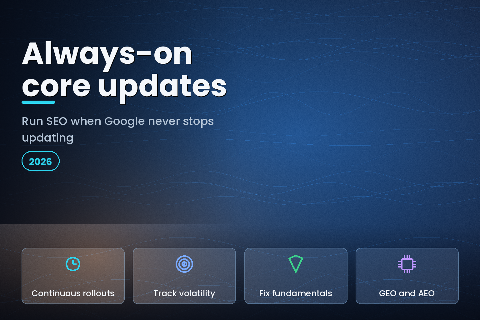 Abstract 3D hero image of a glowing search analytics dashboard with flowing data waves on a dark background