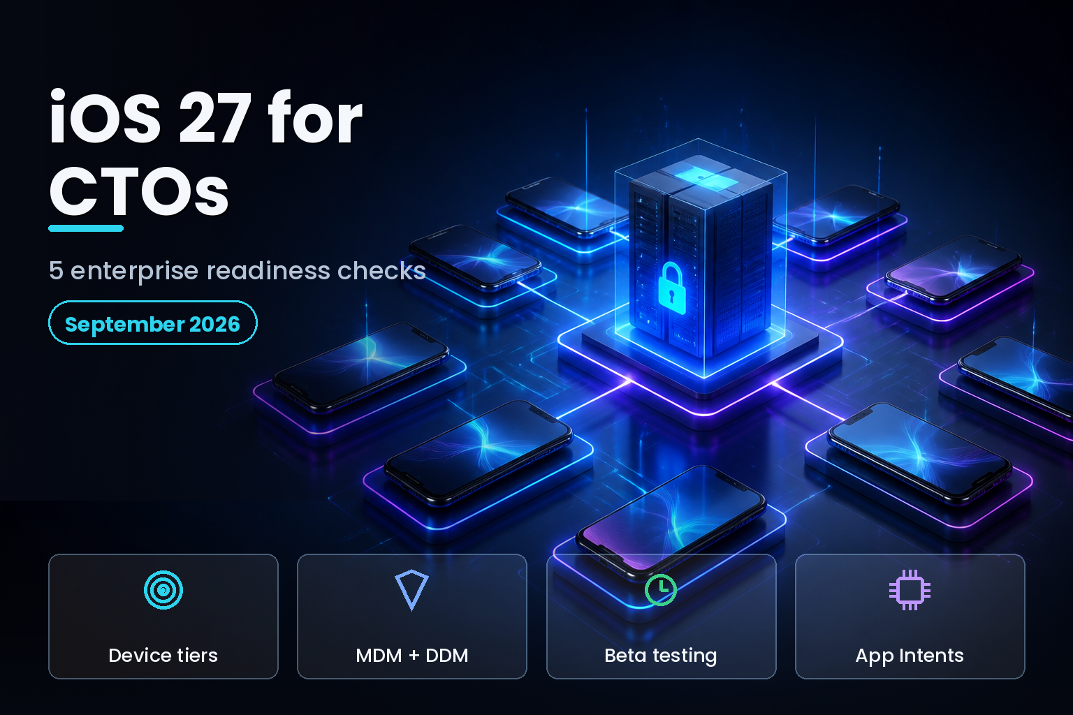 Managed smartphones connected by glowing lines to a central secure server node