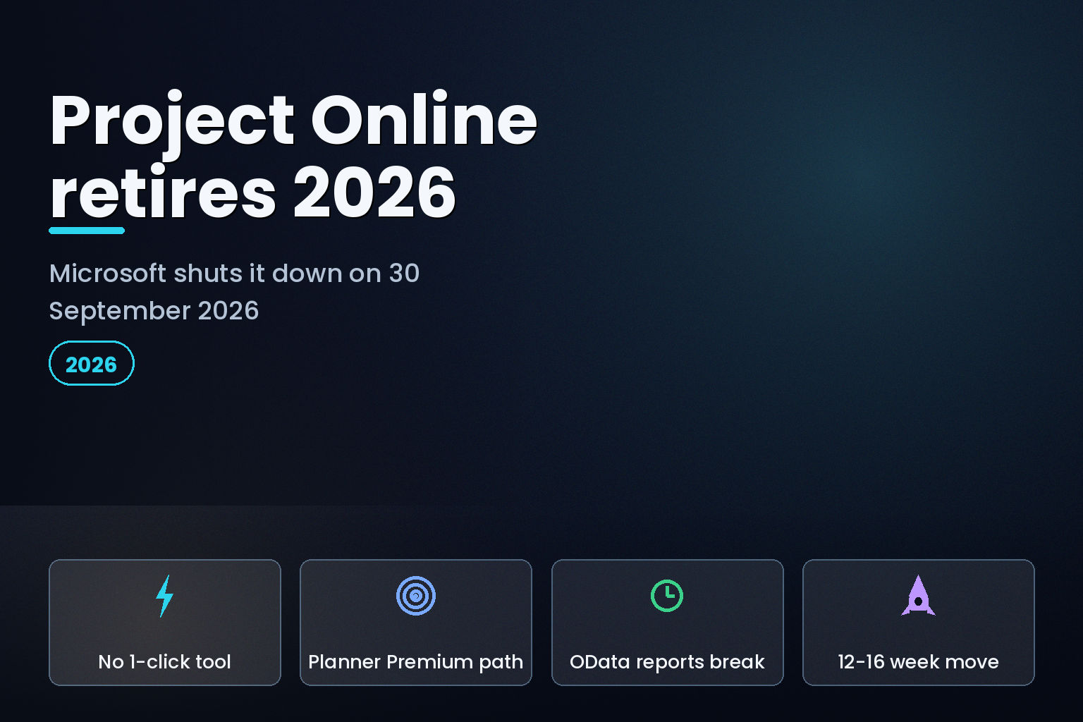 Project Online retirement graphic: Microsoft's 30 September 2026 shutdown and the main PMO migration options.
