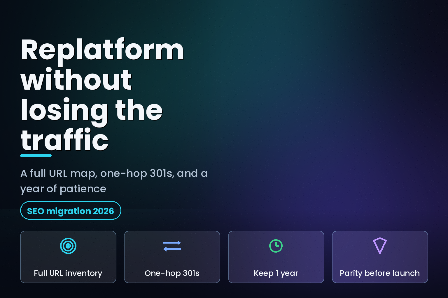 Migration planning hero listing a full URL inventory, one-hop 301 redirects and a one-year retention window