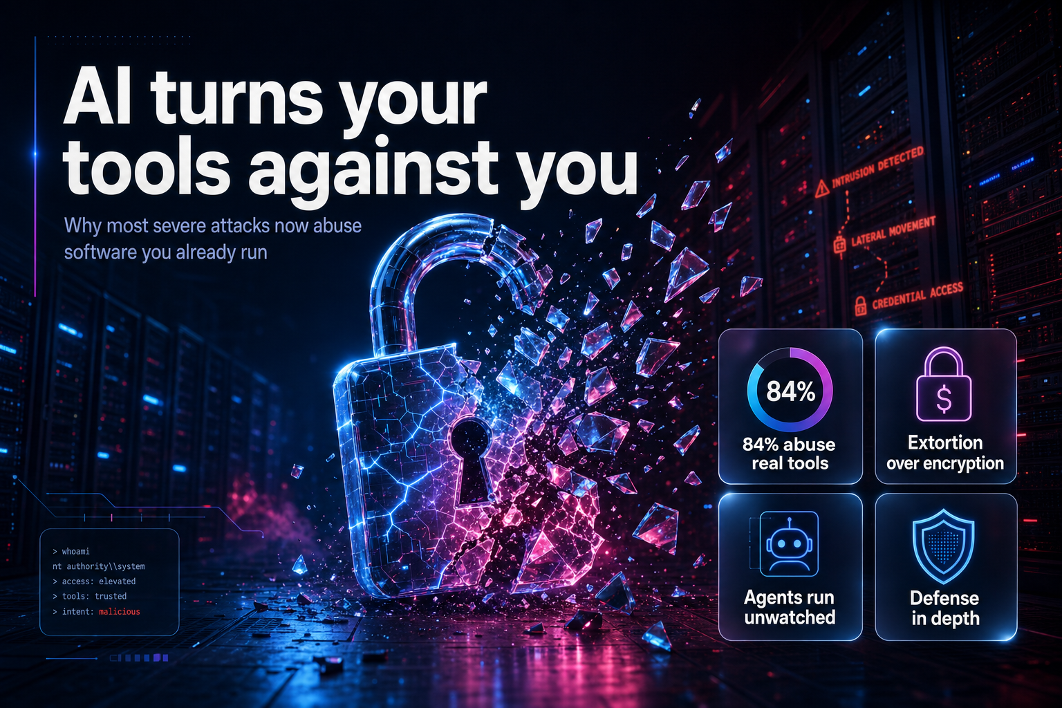 Glowing 3D padlock fracturing into neon shards over a dark server room