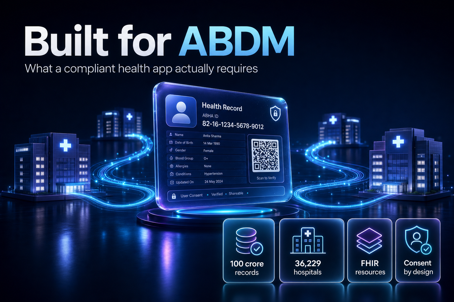 Illustration of a digital health record linked across multiple hospital facilities by secure connections