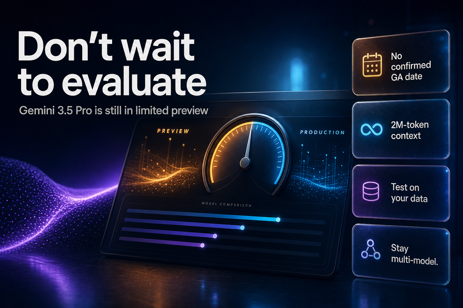 AI evaluation dashboard with a gauge between preview and production zones