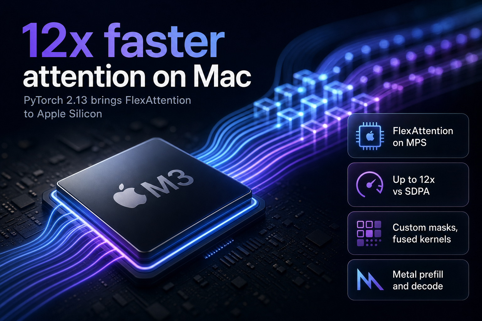 Glowing processor chip on a dark studio surface with blue light trails