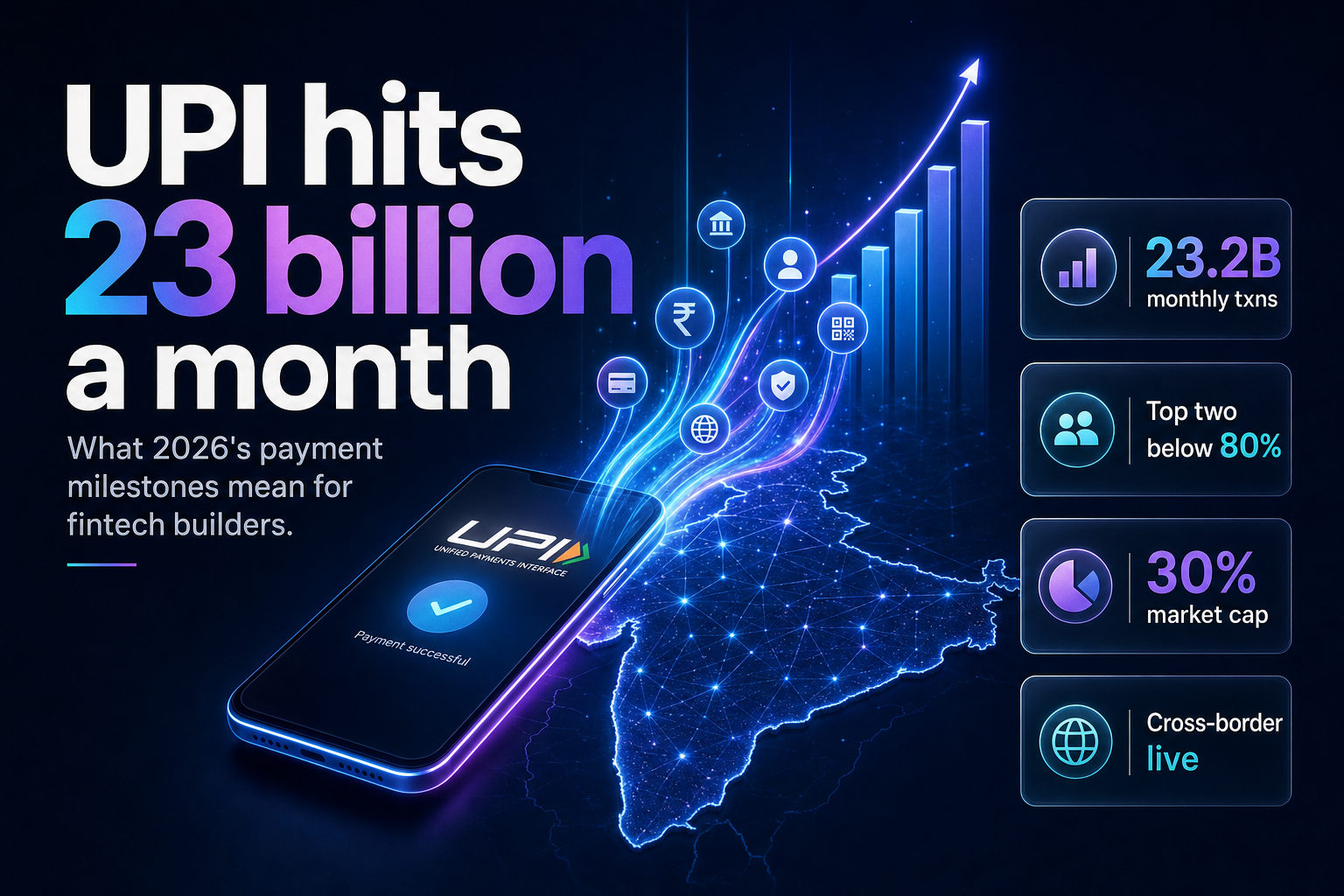 Glowing smartphone with payment icons and rising graphs over a stylized India map