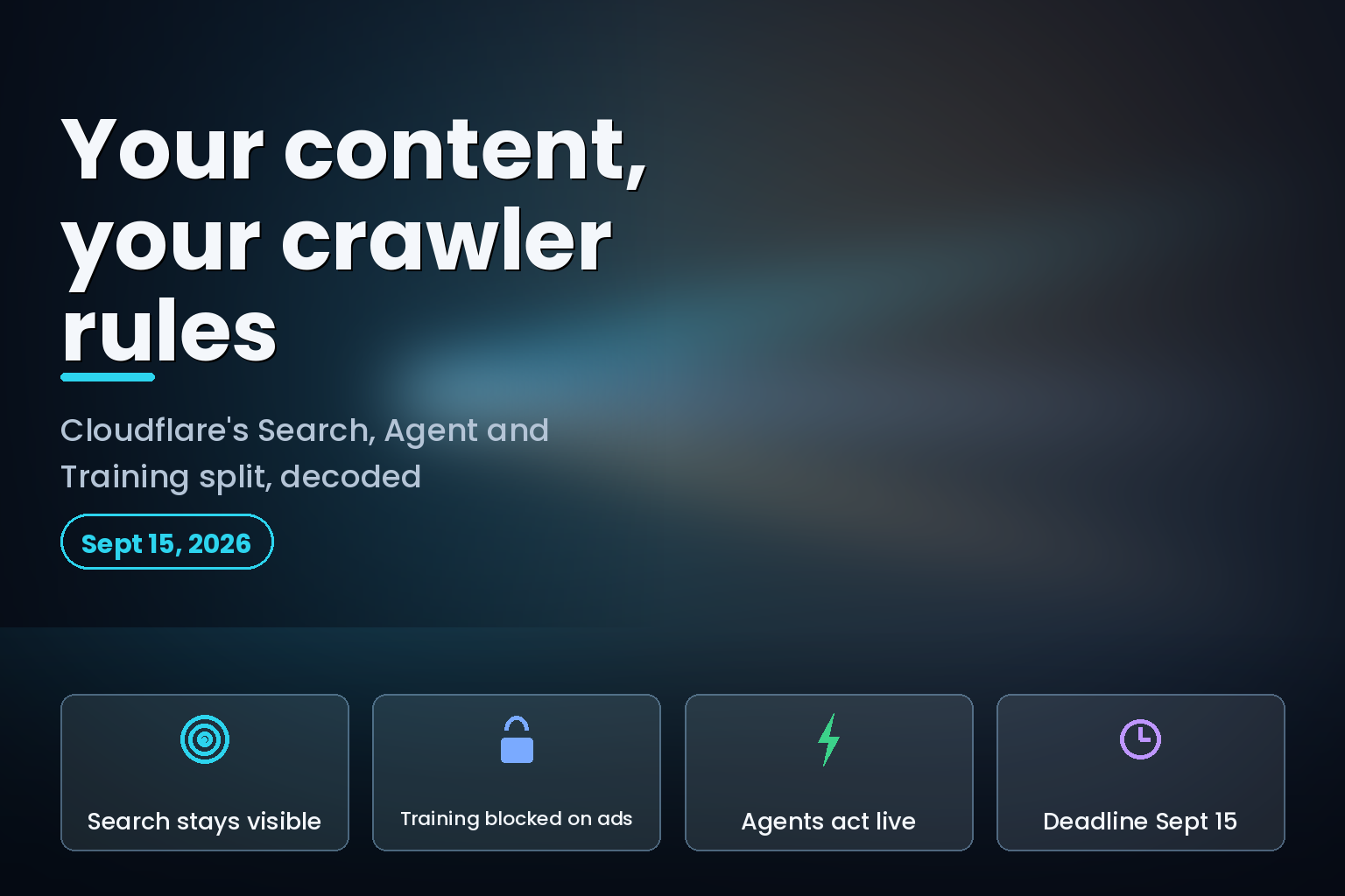 Editorial graphic on Cloudflare's Search, Agent and Training AI crawler classes with a Sept 15, 2026 deadline