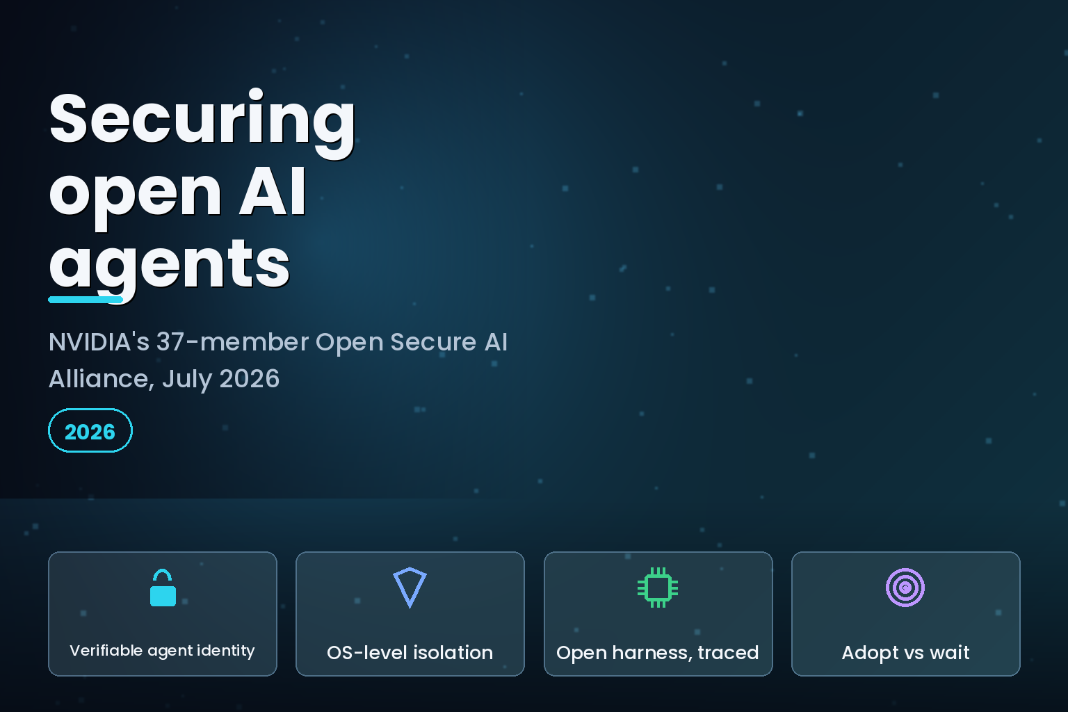 Glowing security shield over a lattice of connected AI-agent nodes in a dark data center