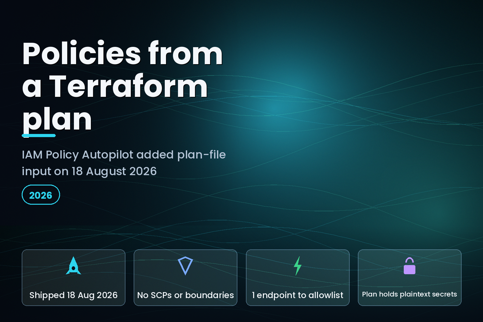 Terraform plan file feeding an IAM policy generator, with four constraint labels