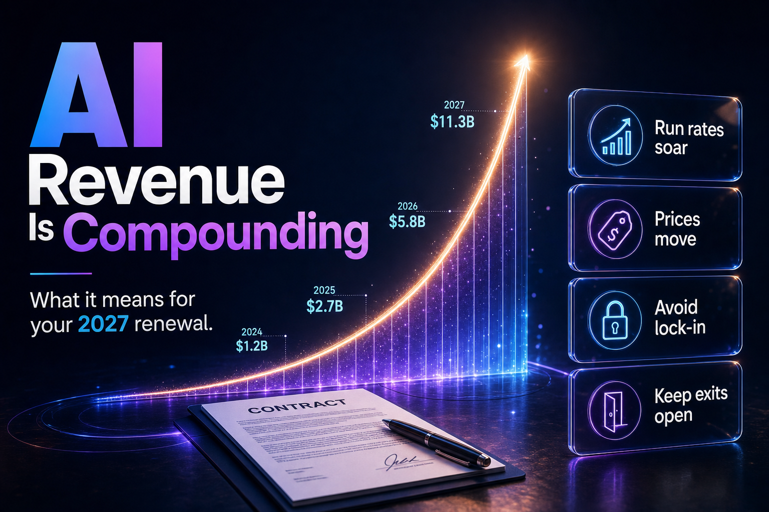 A steep glowing upward curve with a small contract and pen resting at its base