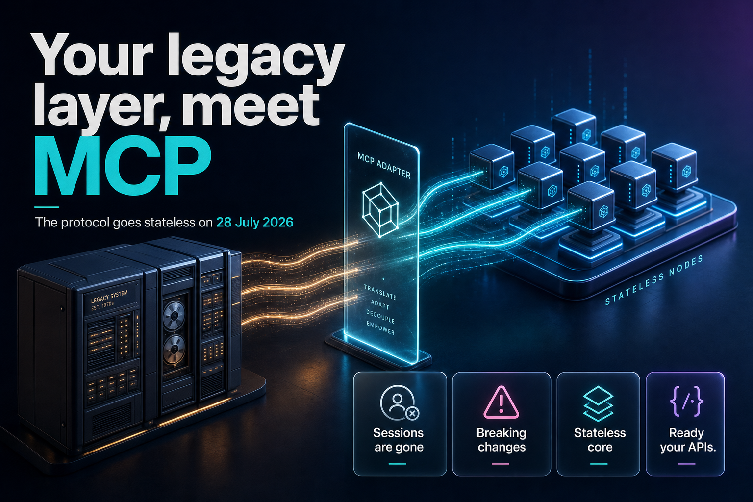 Legacy server cabinet linked through an adapter plane to modern stateless nodes