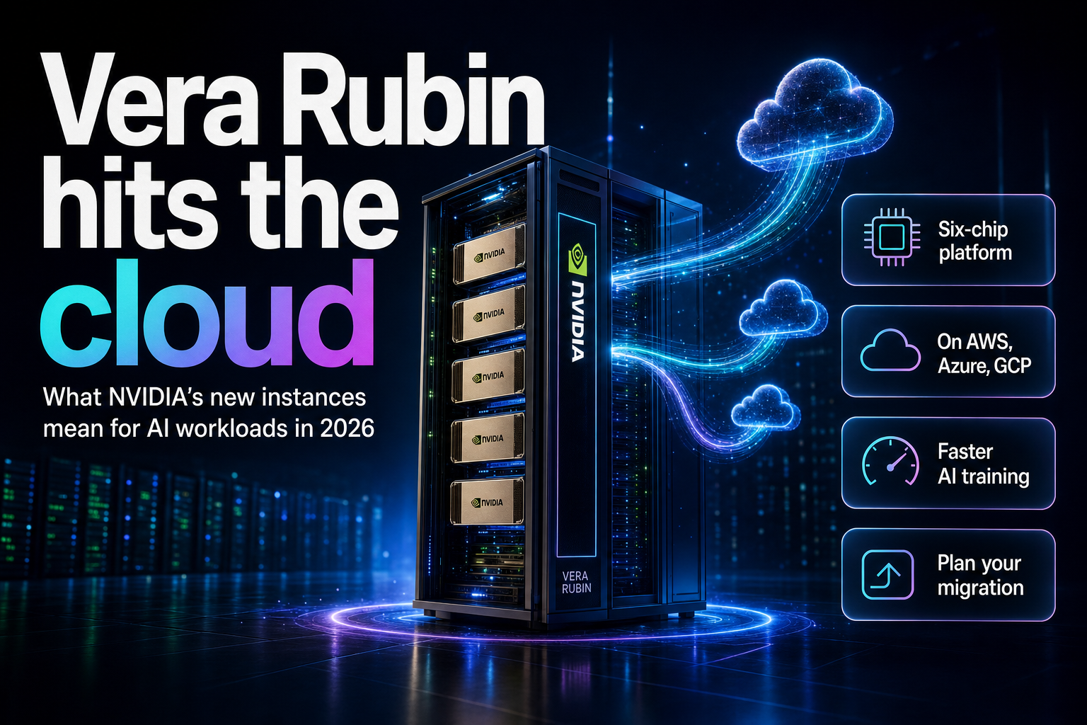 Glowing AI supercomputer rack streaming data into cloud icons on a dark set