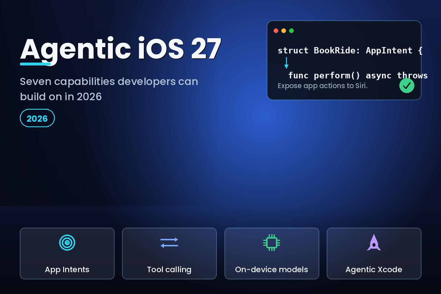 Glowing AI agent orb linked by action lines to floating app icons and a device in the dark