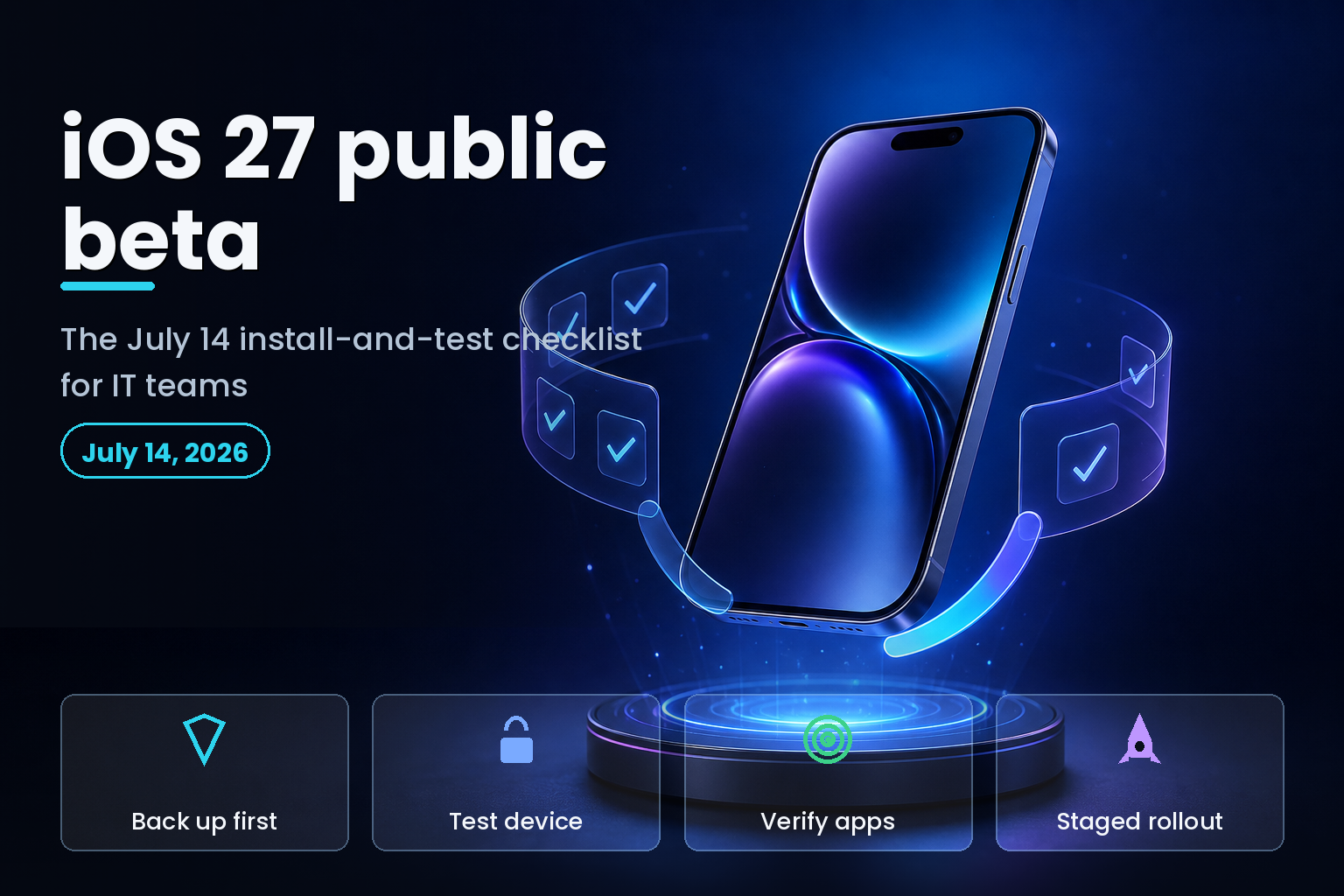 Modern smartphone on a dark studio desk lit in blue, staged for mobile OS beta testing