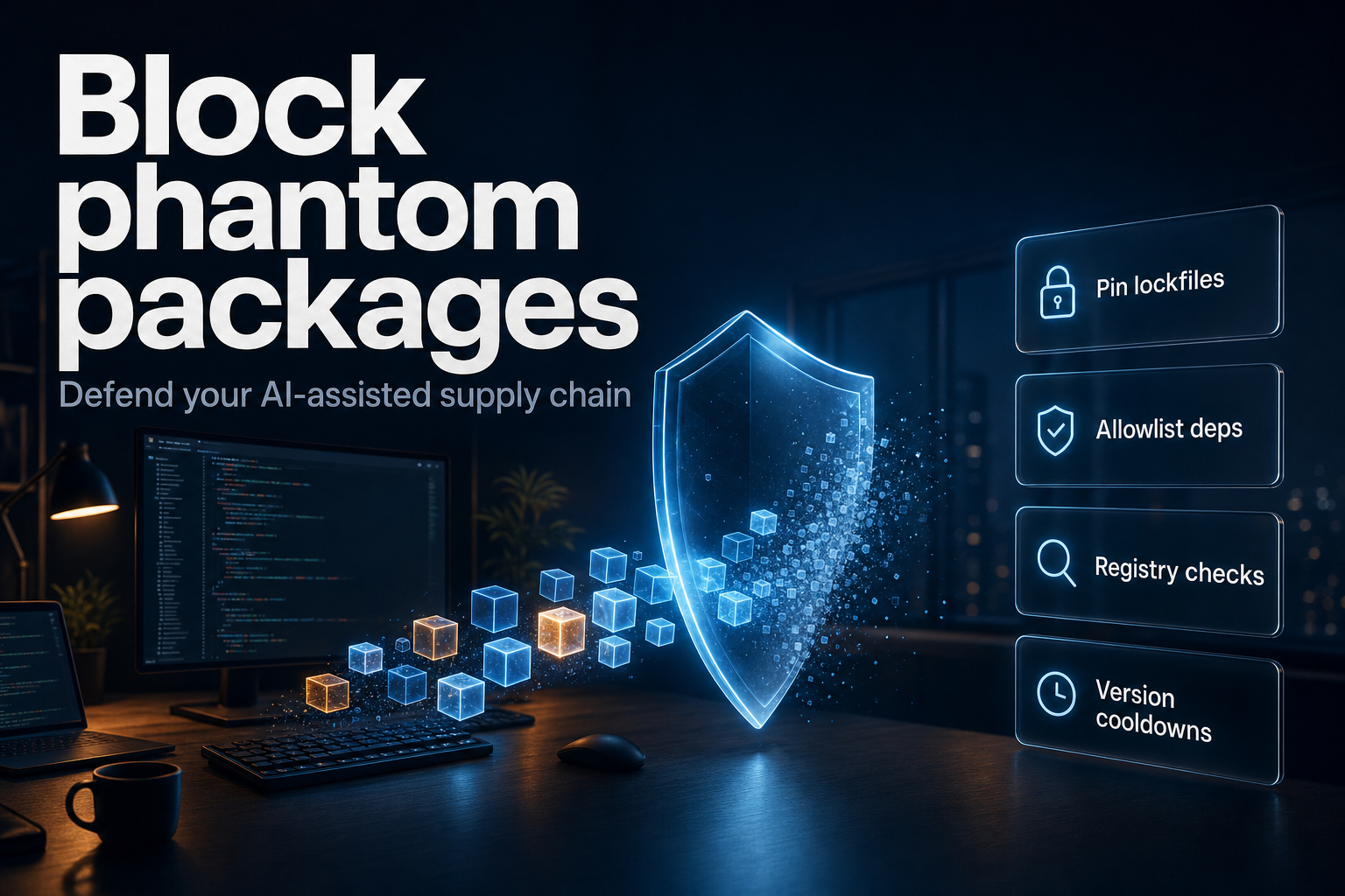 Glowing security shield over a stream of software package blocks at a developer workstation