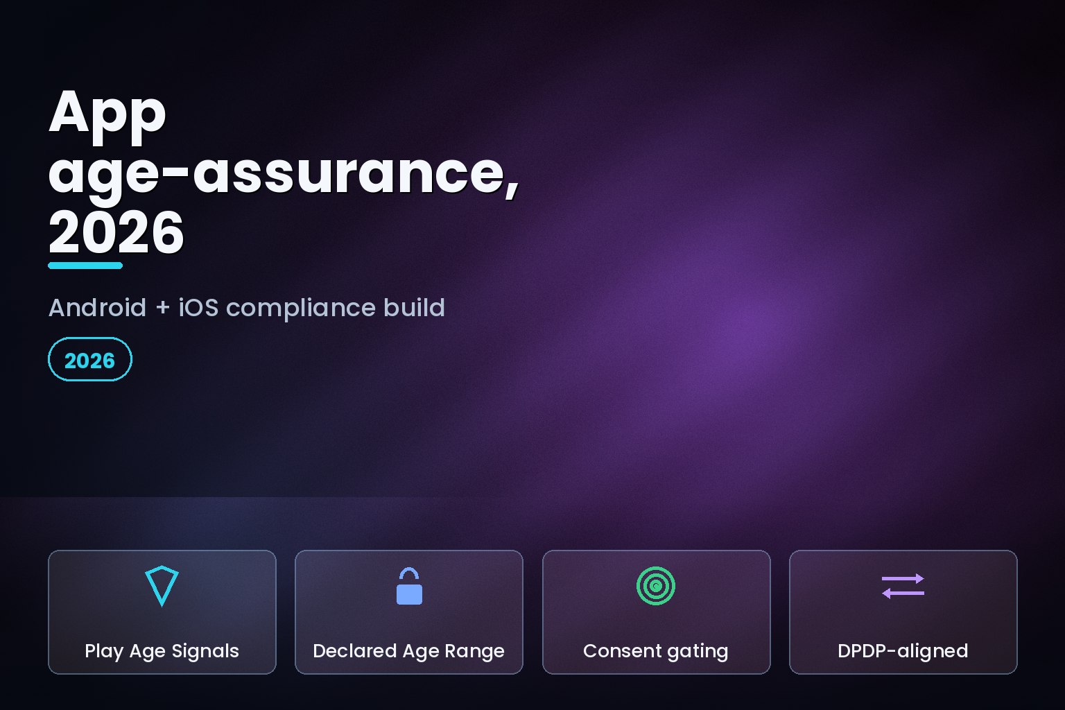 Editorial graphic on 2026 app age-assurance compliance across Android and iOS