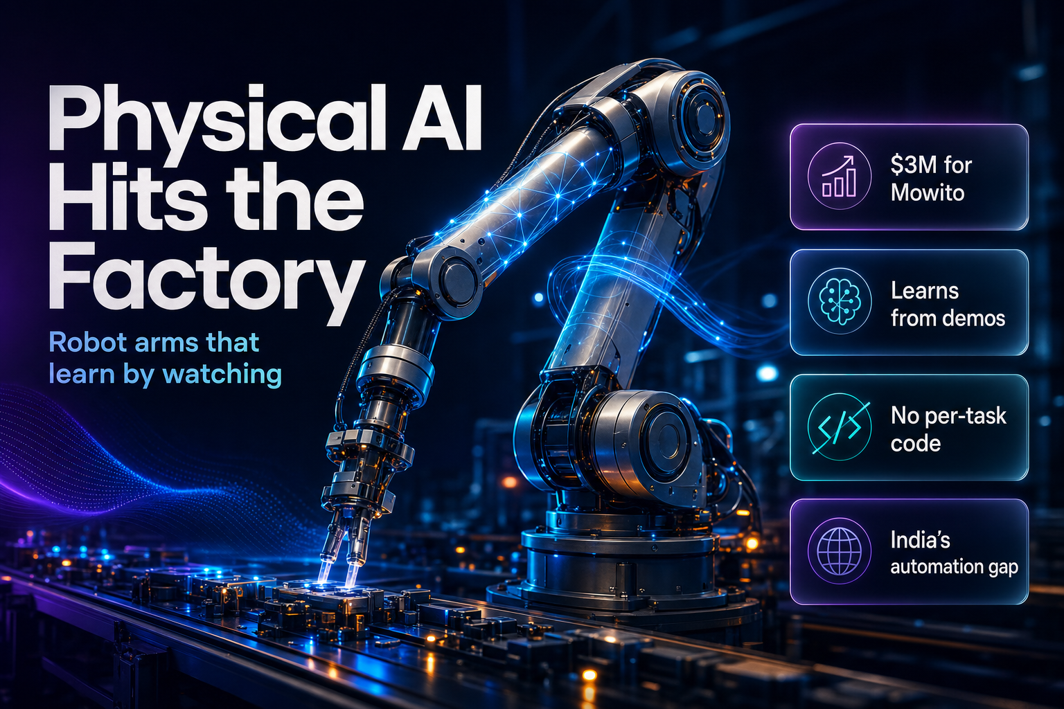 An industrial robotic arm on a factory line glowing with neural intelligence