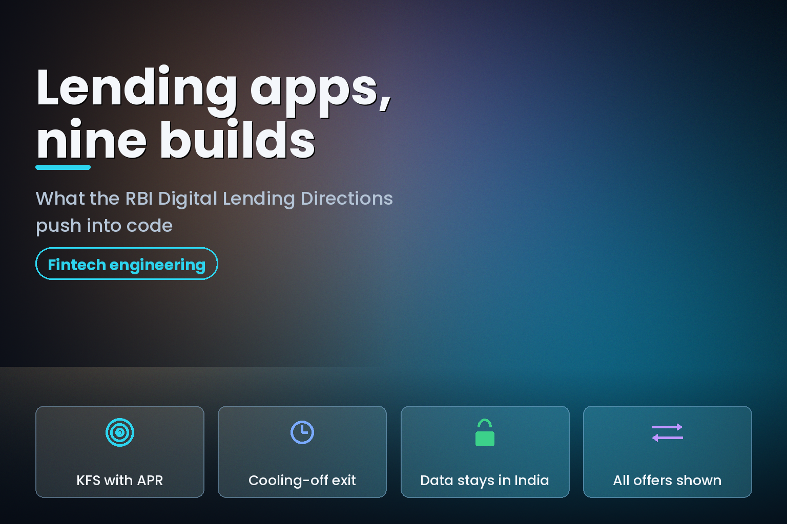 Hero graphic reading Lending apps nine builds with four requirement cards for Indian NBFC apps