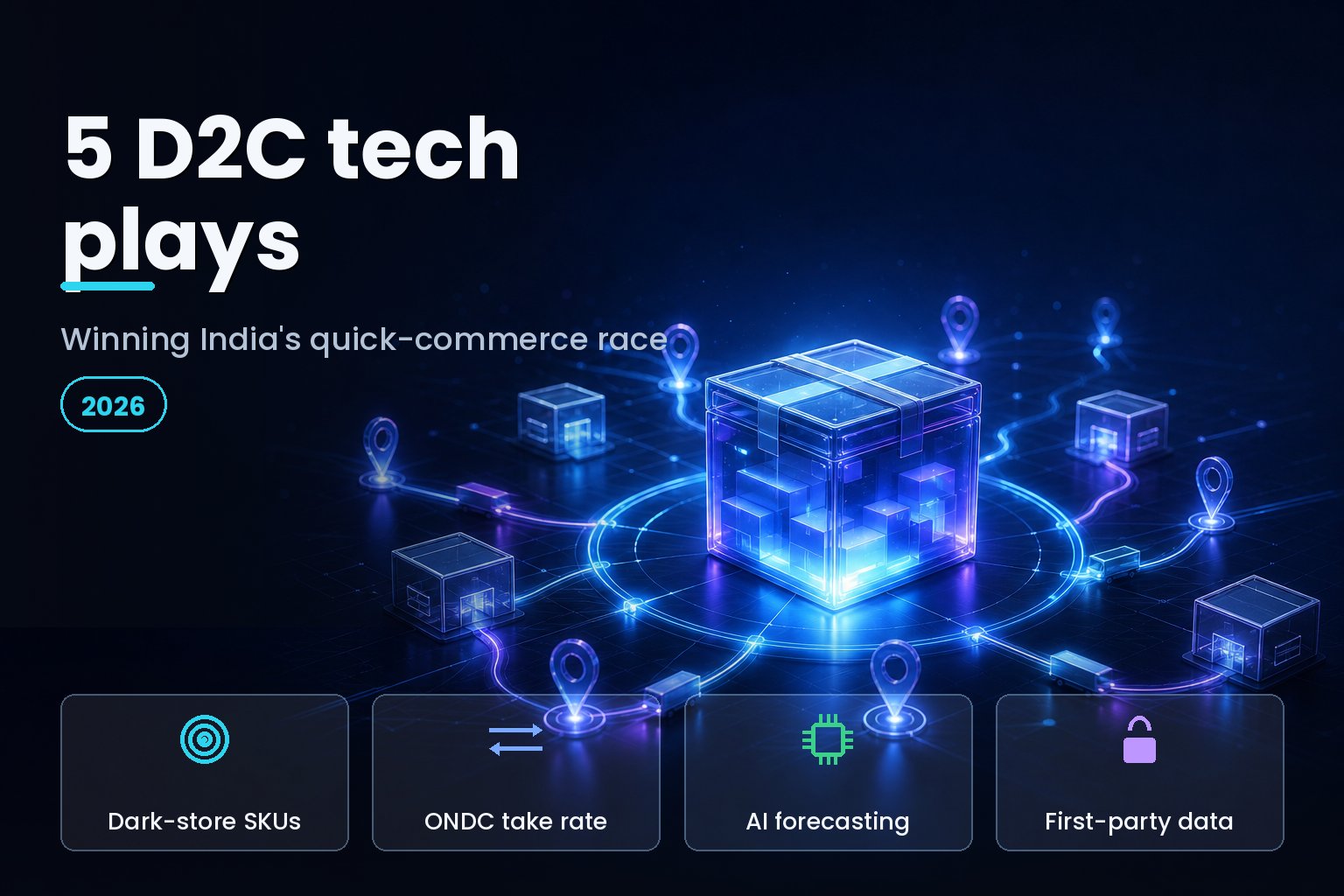 Abstract 3D quick-commerce delivery network with a glowing box and route lines