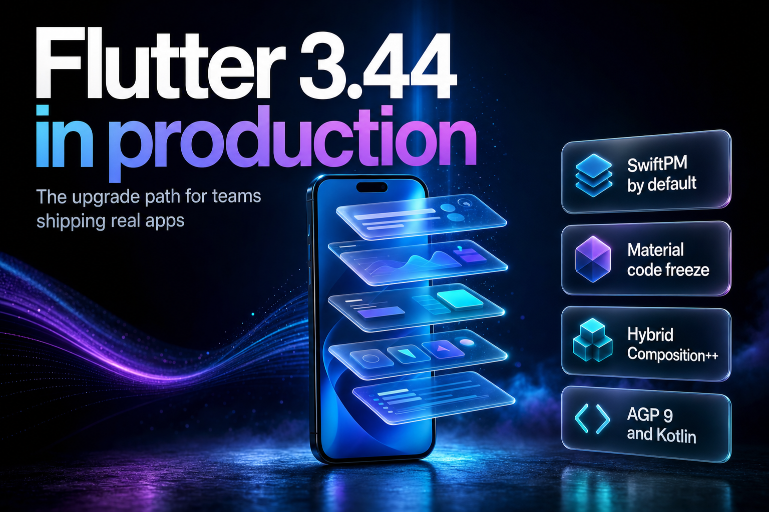 A modern smartphone on a dark studio surface with translucent UI layers separating above it
