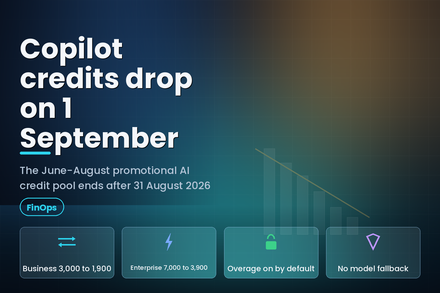 Dashboard display showing a falling usage trend, lit in teal and amber on a dark desk