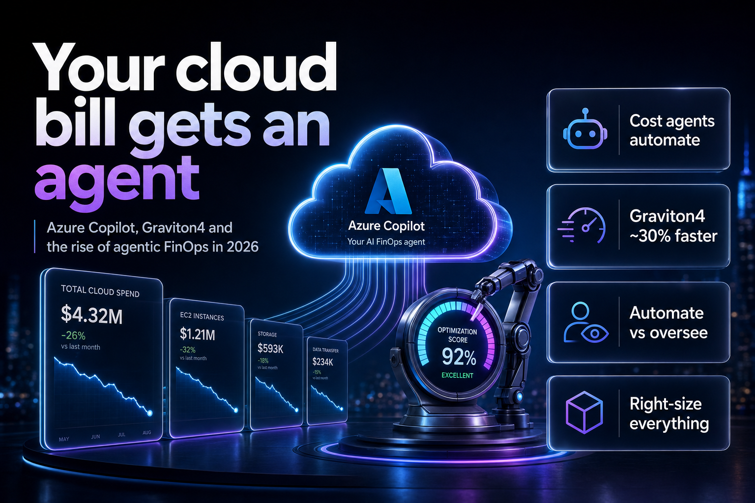 Glowing 3D cloud linked to descending cost graphs and an optimization gauge
