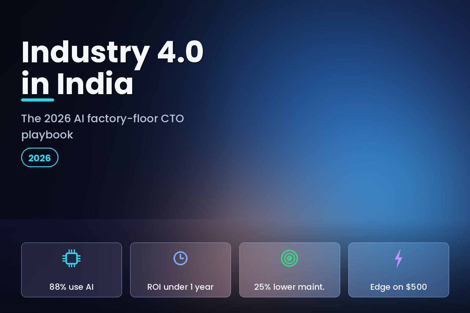 Abstract smart factory floor with robotic arms and a holographic digital twin of a machine