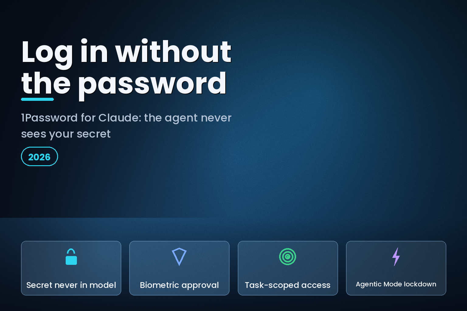 A glowing key and shield over a browser login field, an AI agent signing in without seeing the secret