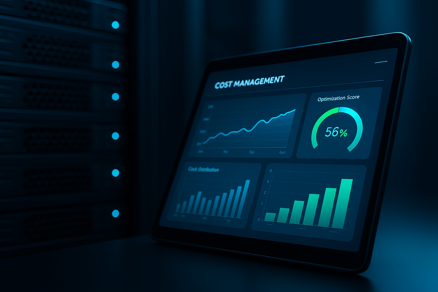 Cost optimization dashboard on tablet with server infrastructure