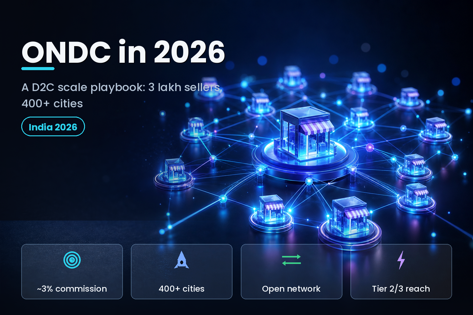 Abstract open network of glowing commerce nodes and storefronts on a dark studio background