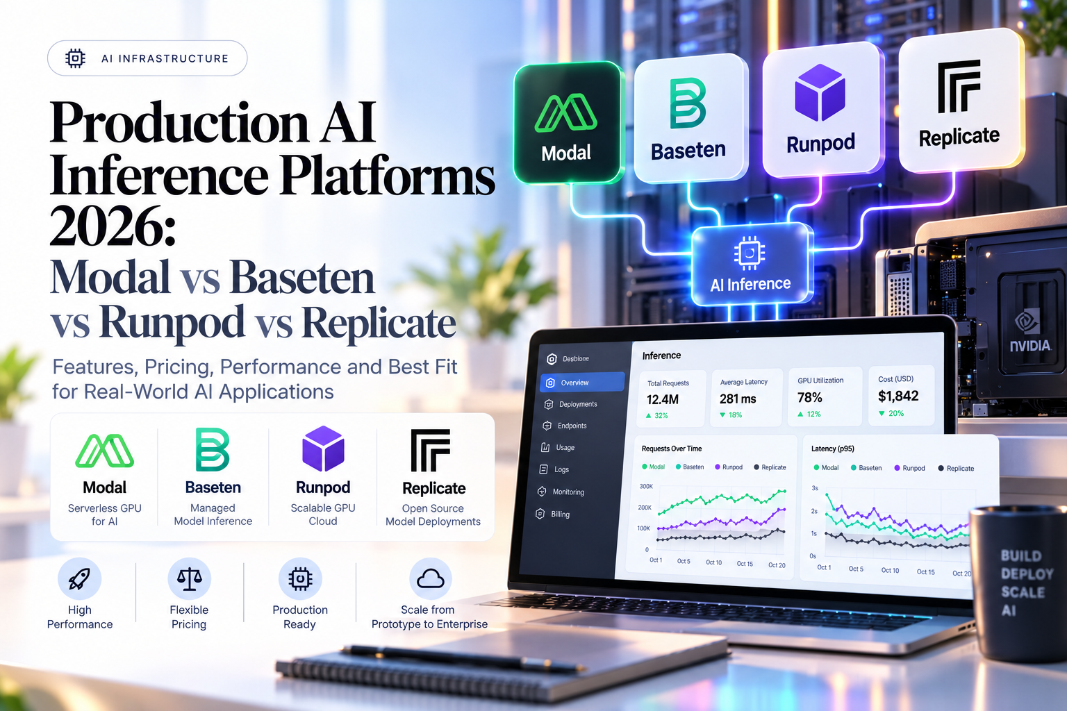 Title card comparing AI inference platforms Modal, Baseten, Runpod and Replicate beside an inference metrics dashboard
