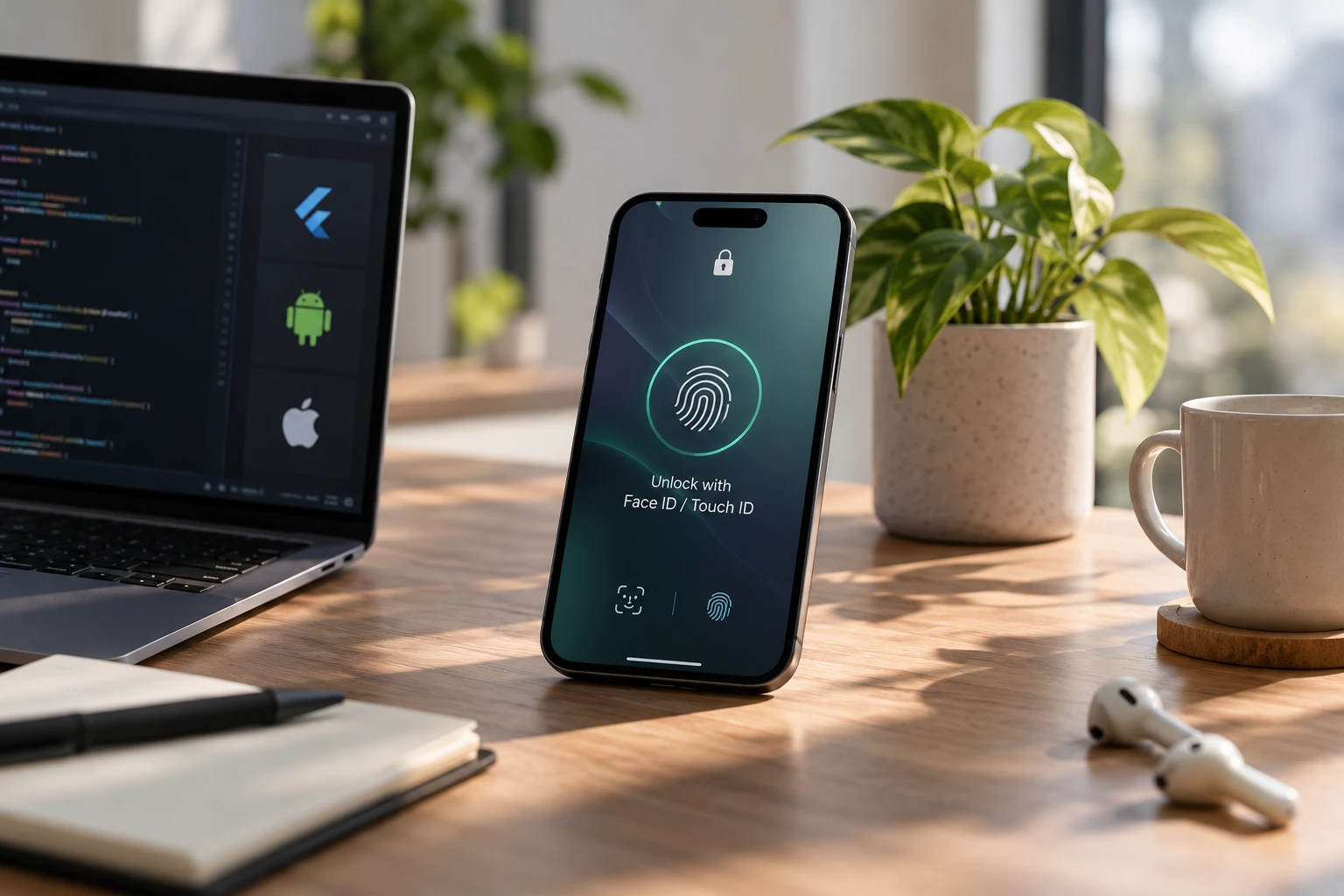 Phone on a desk showing an Unlock with Face ID / Touch ID screen, beside a laptop with Flutter, Android and Apple logos