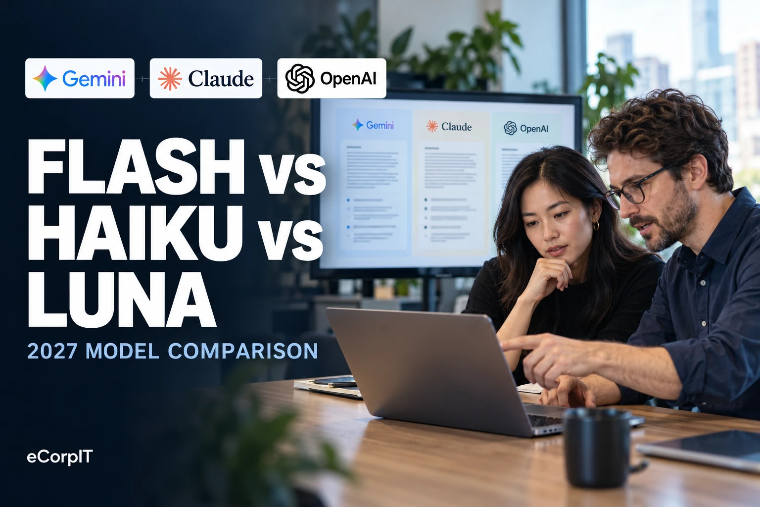 Man and woman at a laptop in an office comparing Gemini, Claude and OpenAI outputs side by side on a large screen