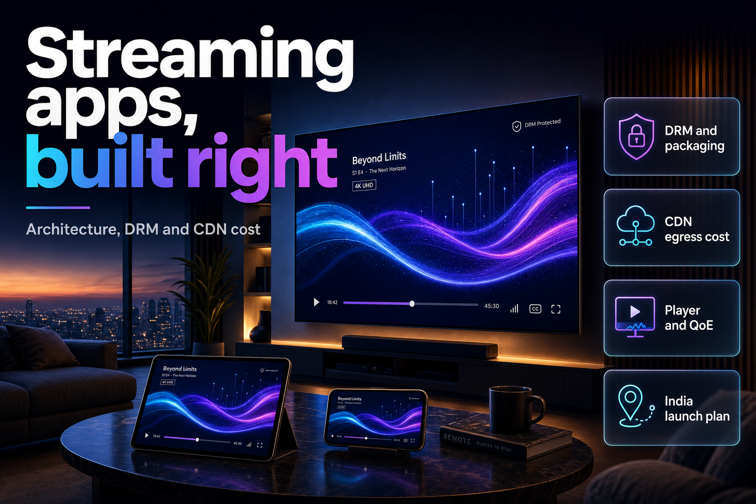 Living room at dusk with a large screen, tablet and phone showing the same video stream