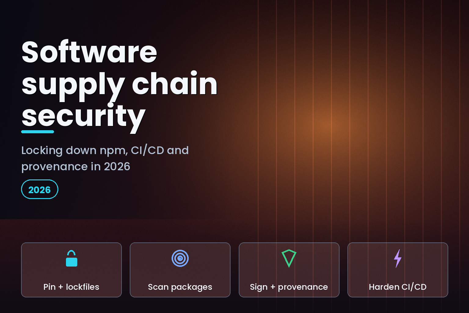 Abstract secure software supply chain shield over a dark server backdrop