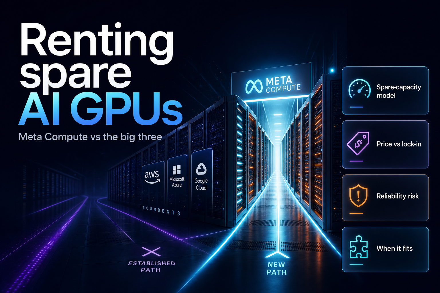 Rows of glowing GPU server racks in a dark data center with one bright aisle branching off