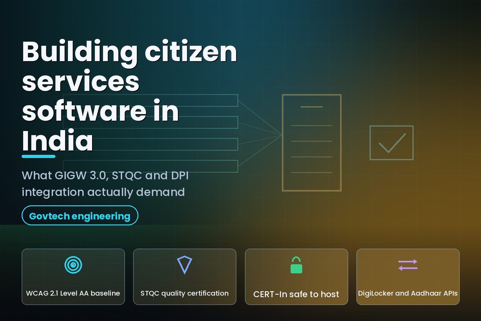 Layered diagram of Indian government API integrations feeding a citizen services app with a certification checkpoint
