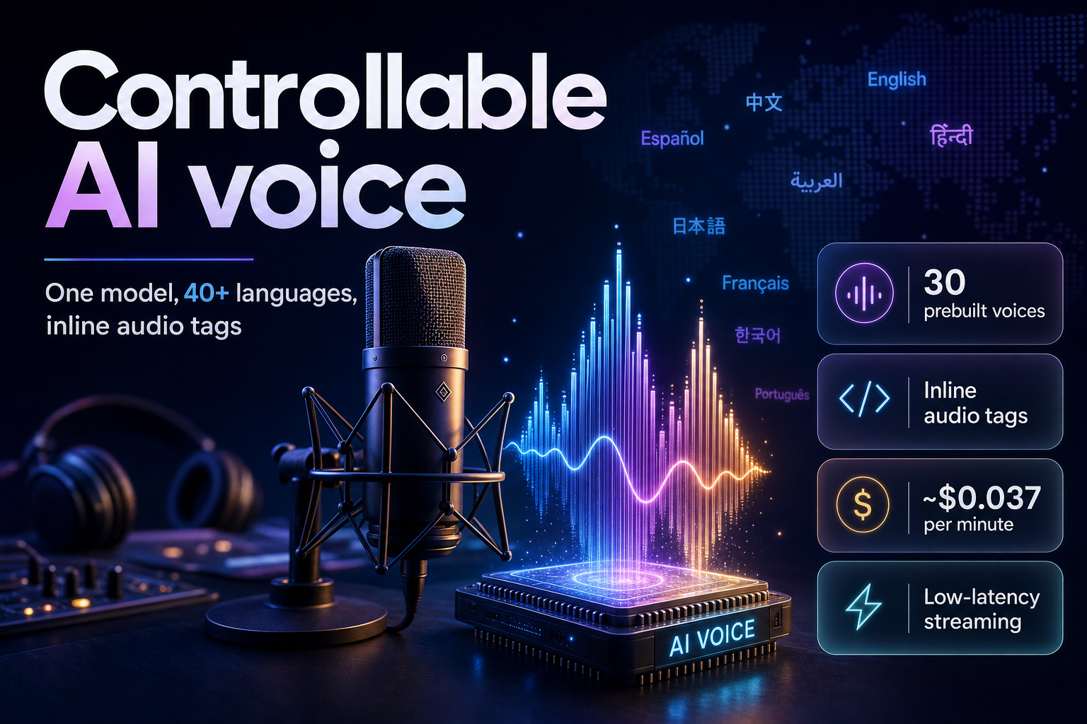 Studio microphone beside a glowing audio waveform and processor chip