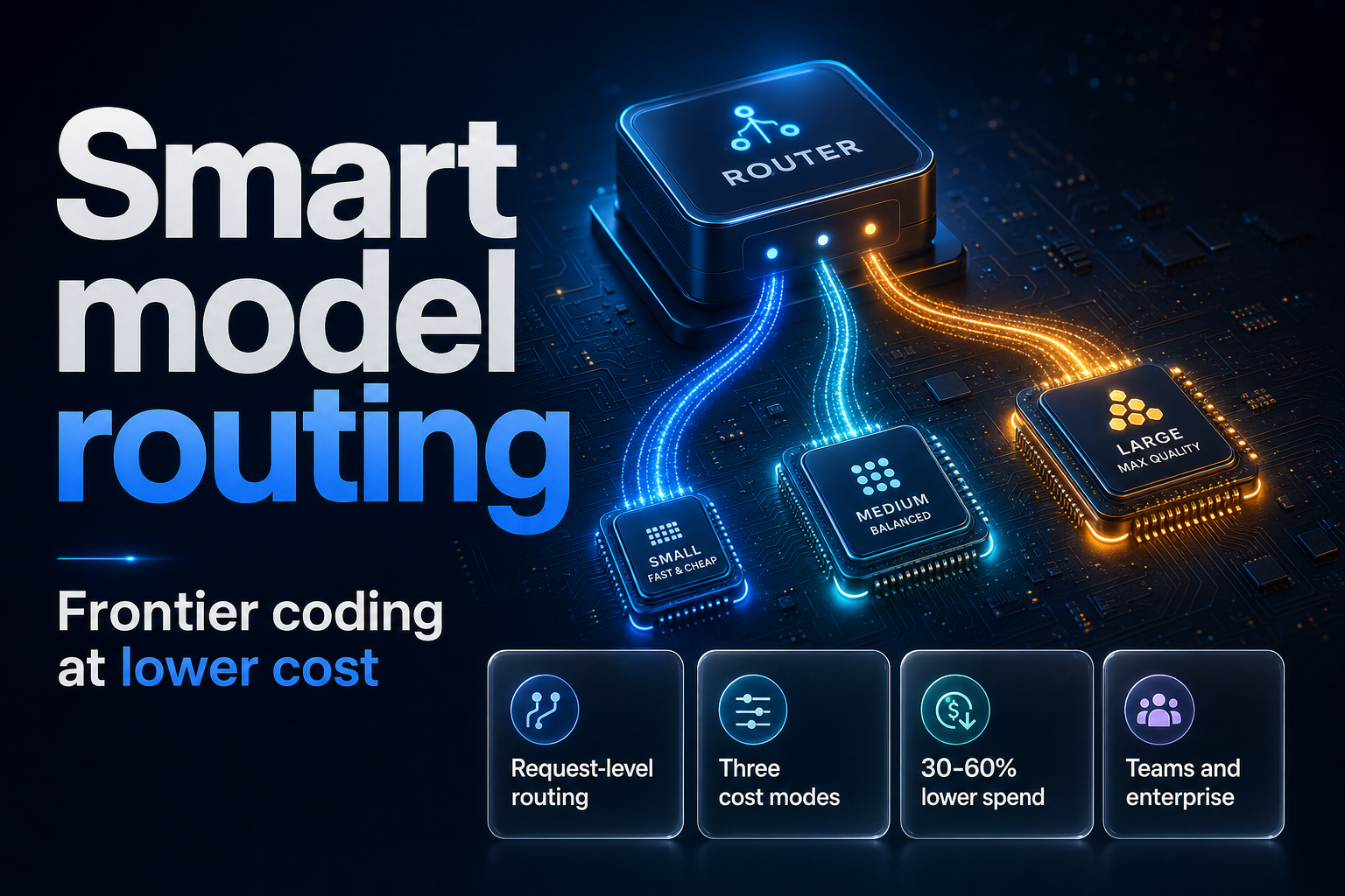Glowing router console sending three data streams to processors of different sizes