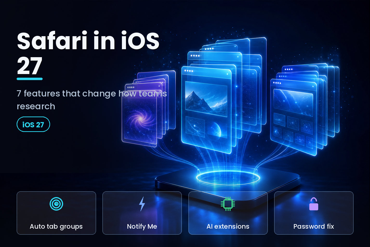 Glowing glass panels organizing into clusters, representing Safari tab groups