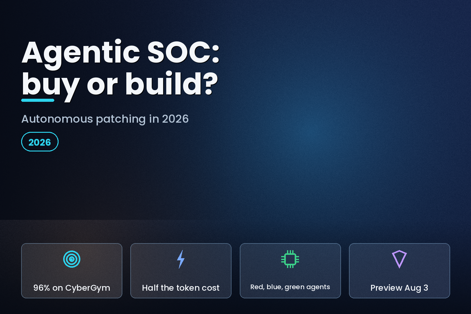 Editorial hero: Agentic SOC, buy or build, autonomous patching in 2026, with four metric cards