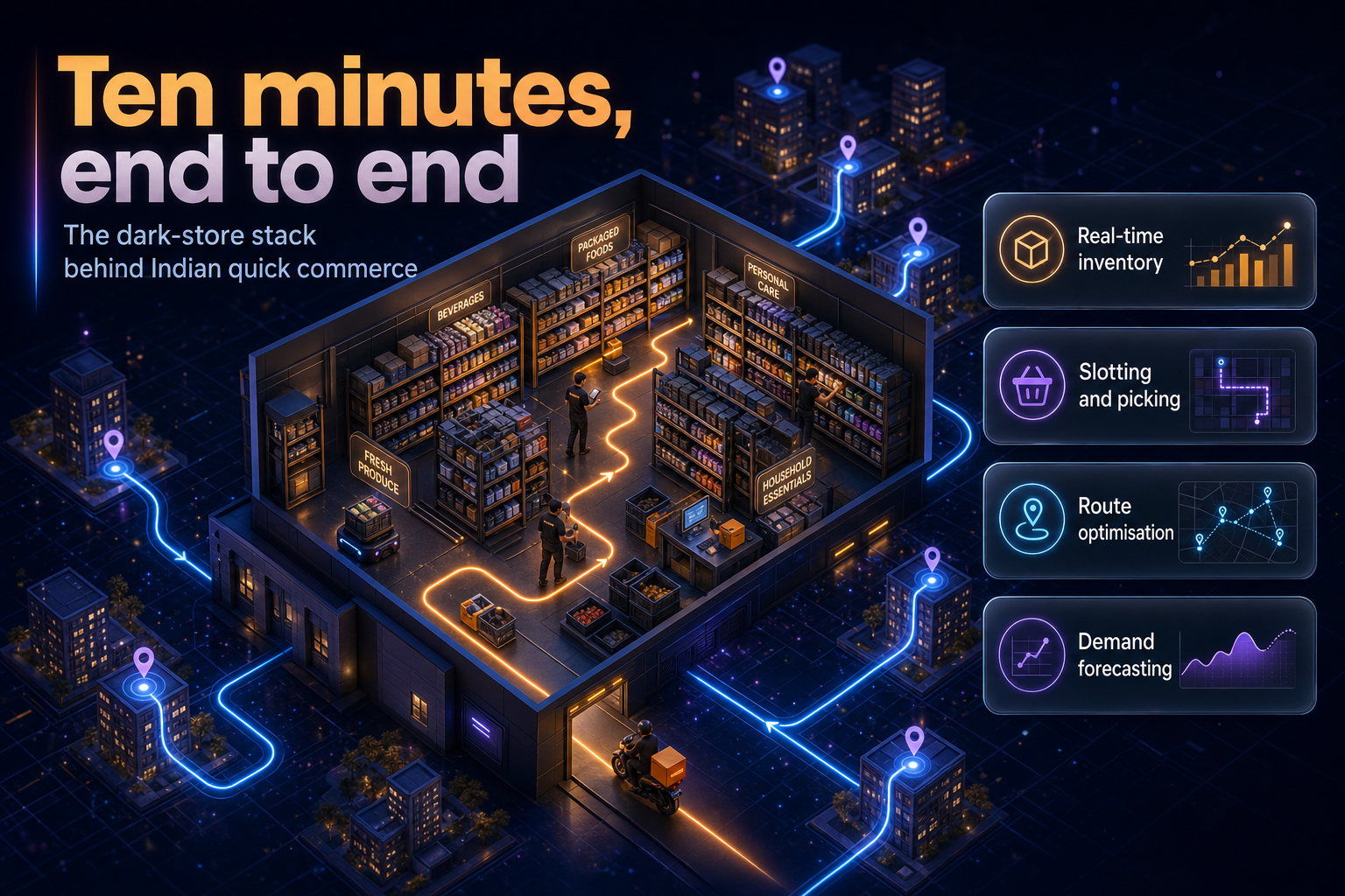 Isometric cutaway of an Indian dark store with picking paths and delivery routes to nearby buildings