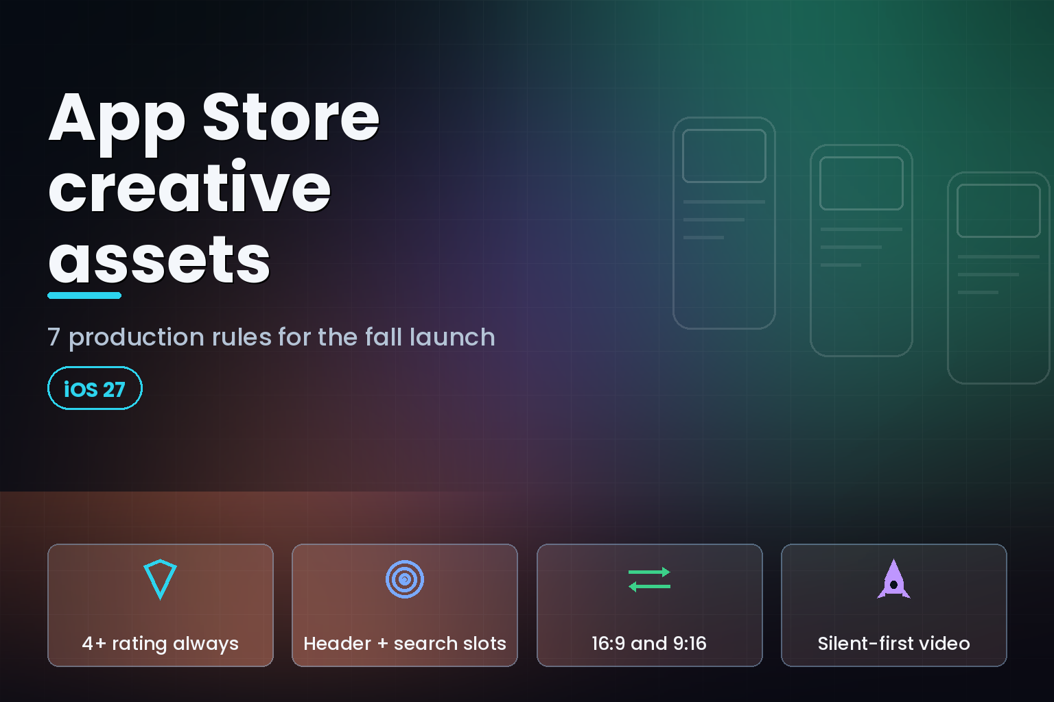 App Store product page cards showing creative asset slots for the fall 2026 launch