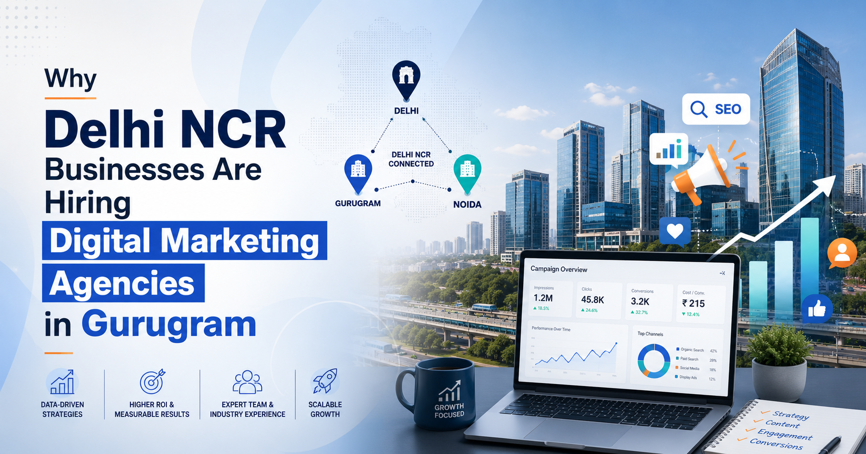 Feature image — Why Delhi NCR businesses are hiring digital marketing agencies in Gurugram, with map showing Delhi, Gurugram and Noida connections and a campaign performance dashboard.